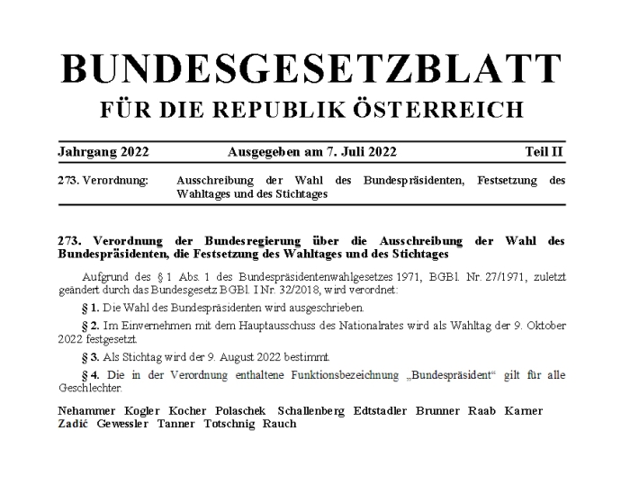 BGBl. II Nr. 273/2022, Verordnung der Ausschreibung der Bundesprsidentenwahl 2022